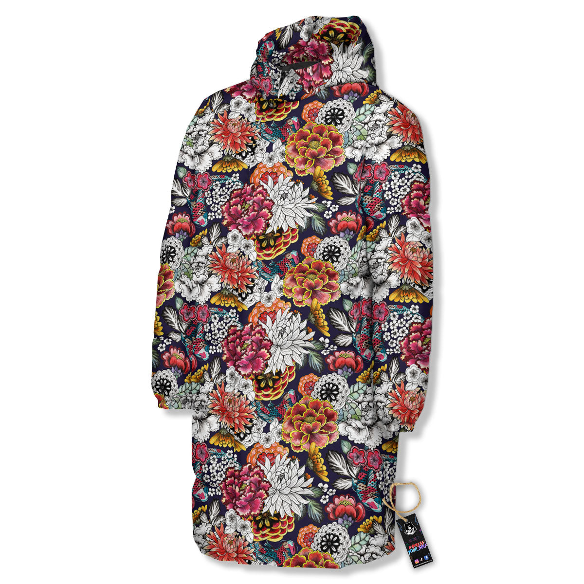 Chrysanthemum Japanese Print Pattern Long Down Jacket-grizzshop