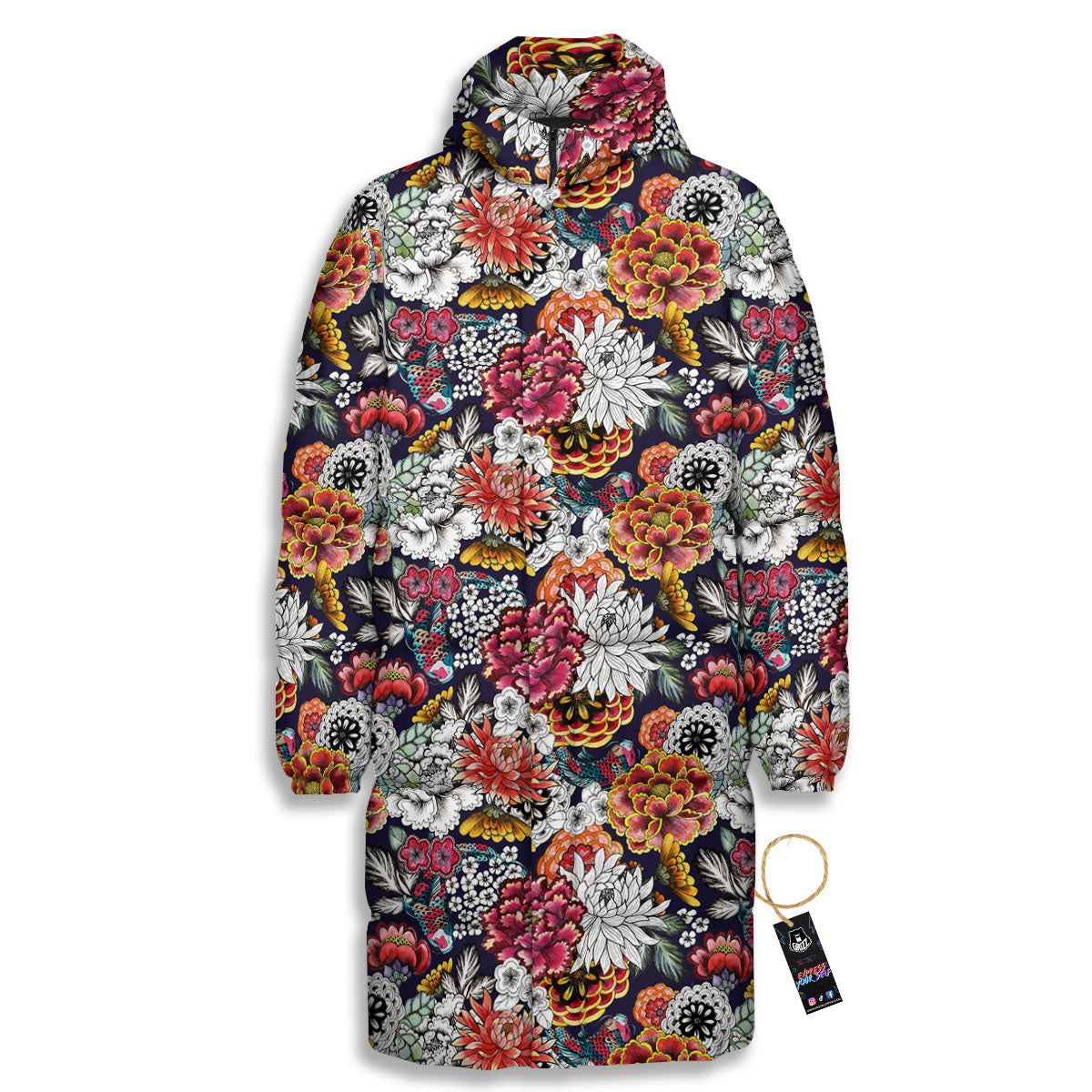 Chrysanthemum Japanese Print Pattern Long Down Jacket-grizzshop