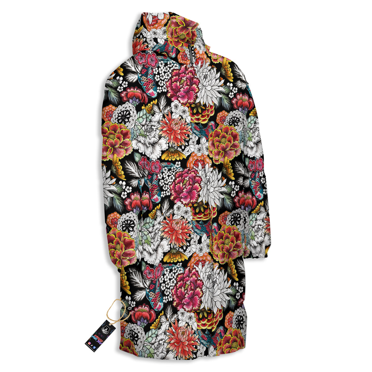 Chrysanthemum Watercolor Print Long Down Jacket-grizzshop