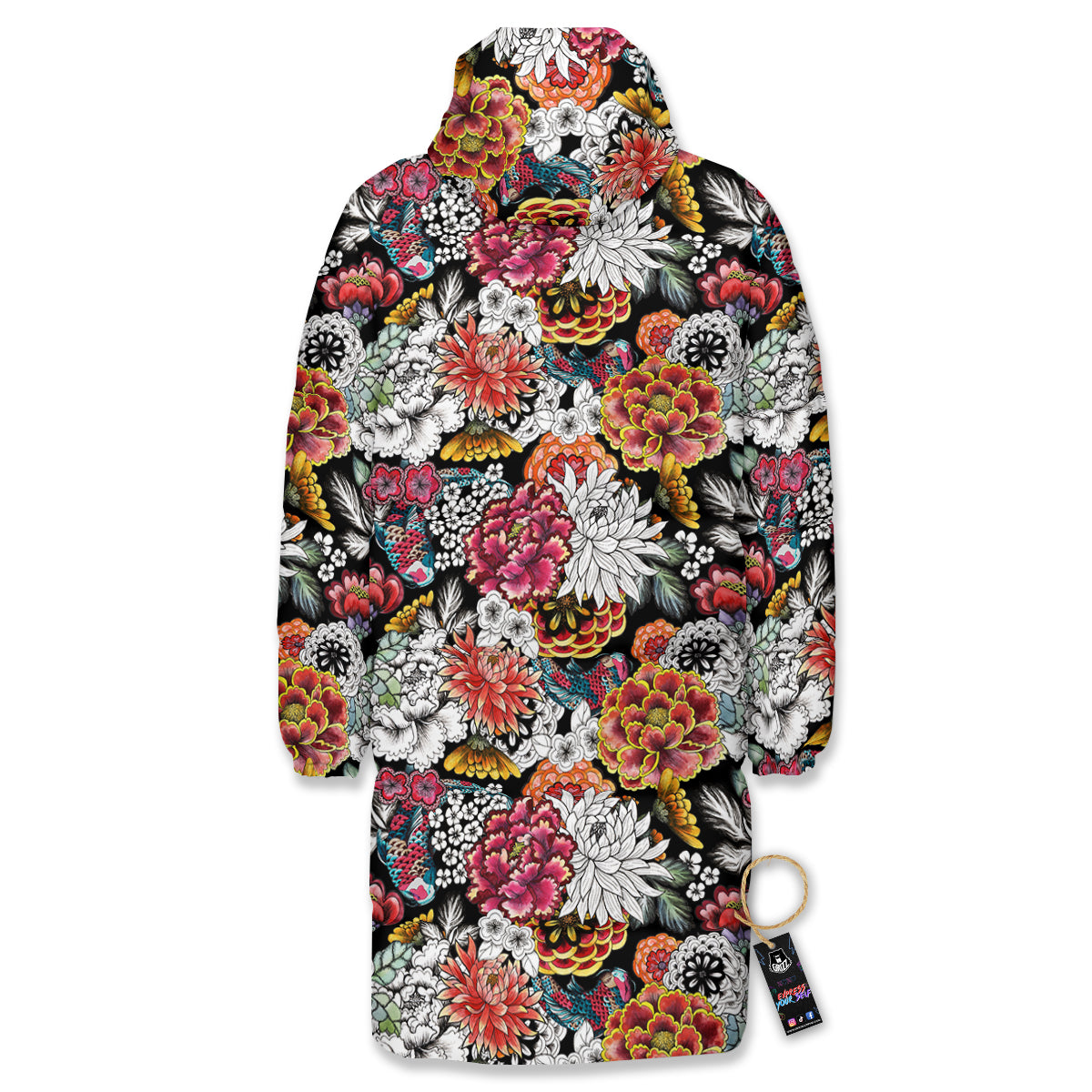 Chrysanthemum Watercolor Print Long Down Jacket-grizzshop