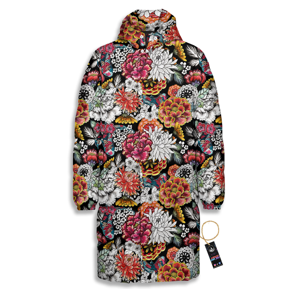 Chrysanthemum Watercolor Print Long Down Jacket-grizzshop