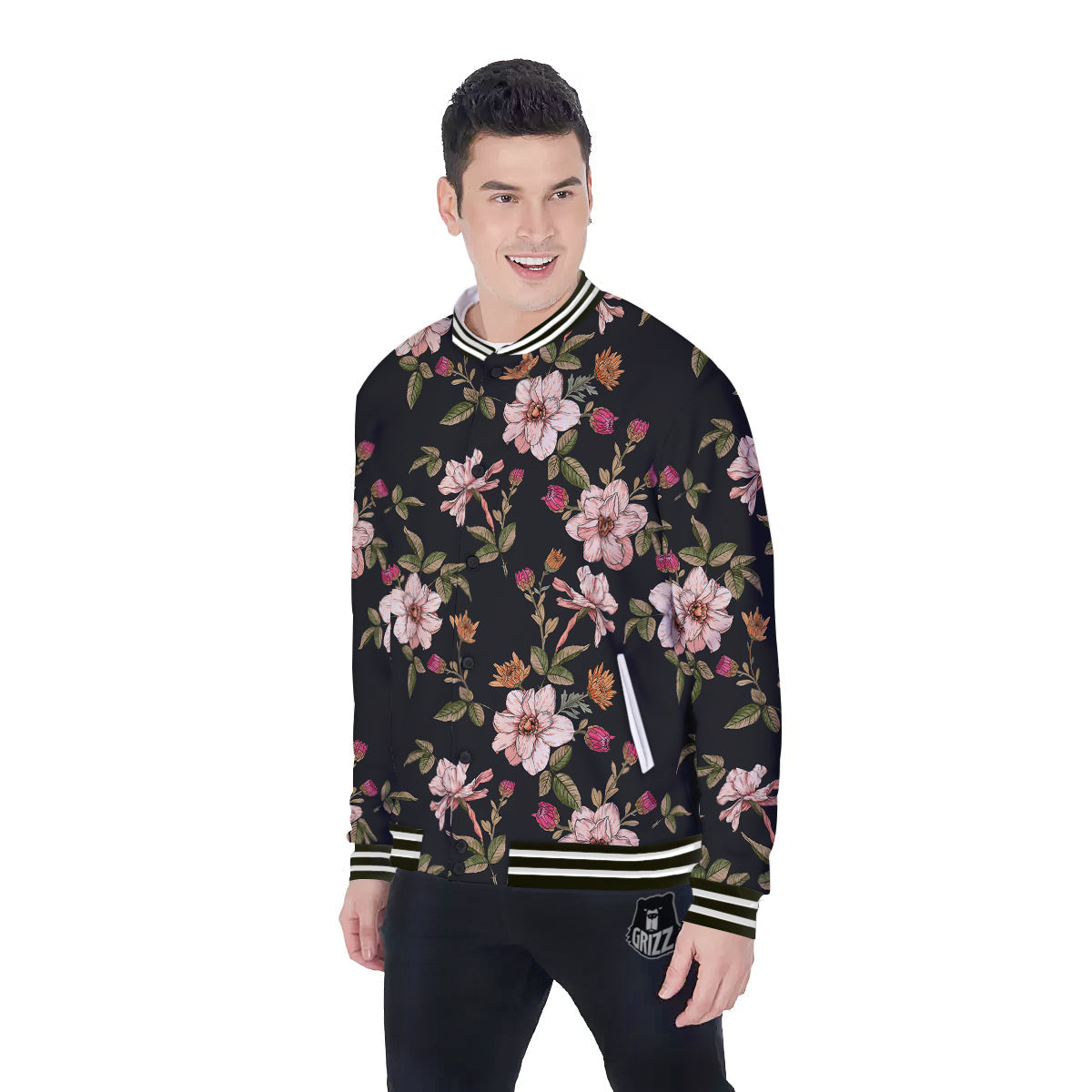 Chrysanthemum Watercolor Print Pattern Baseball Jacket-grizzshop