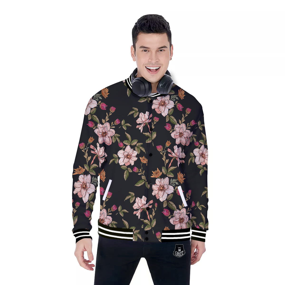 Chrysanthemum Watercolor Print Pattern Baseball Jacket-grizzshop