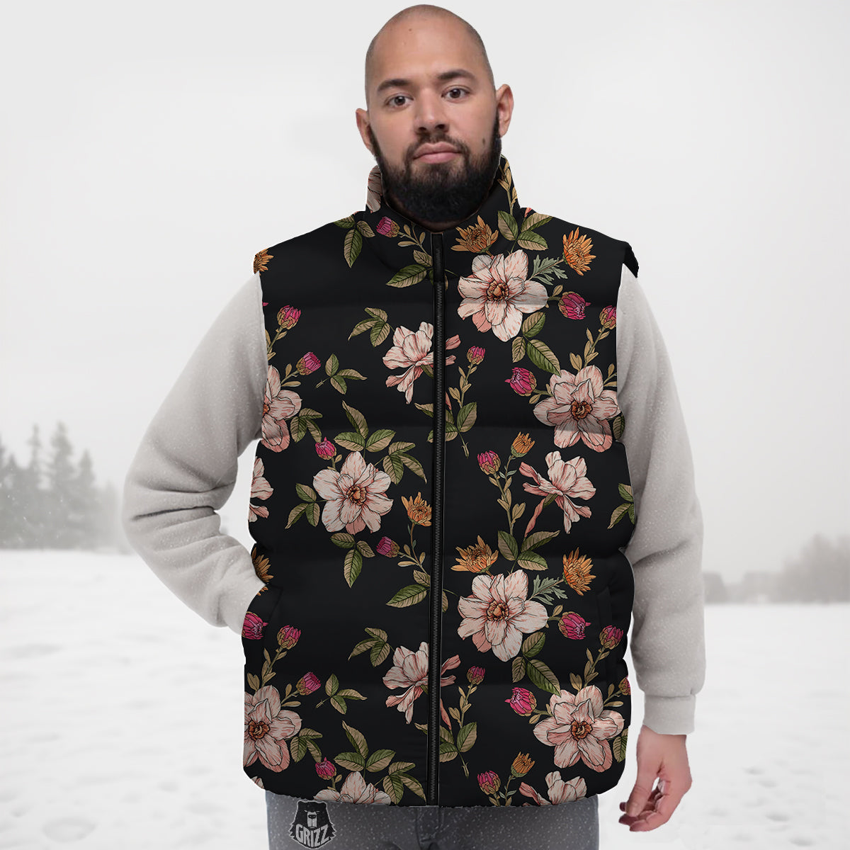 Chrysanthemum Watercolor Print Pattern Down Vest