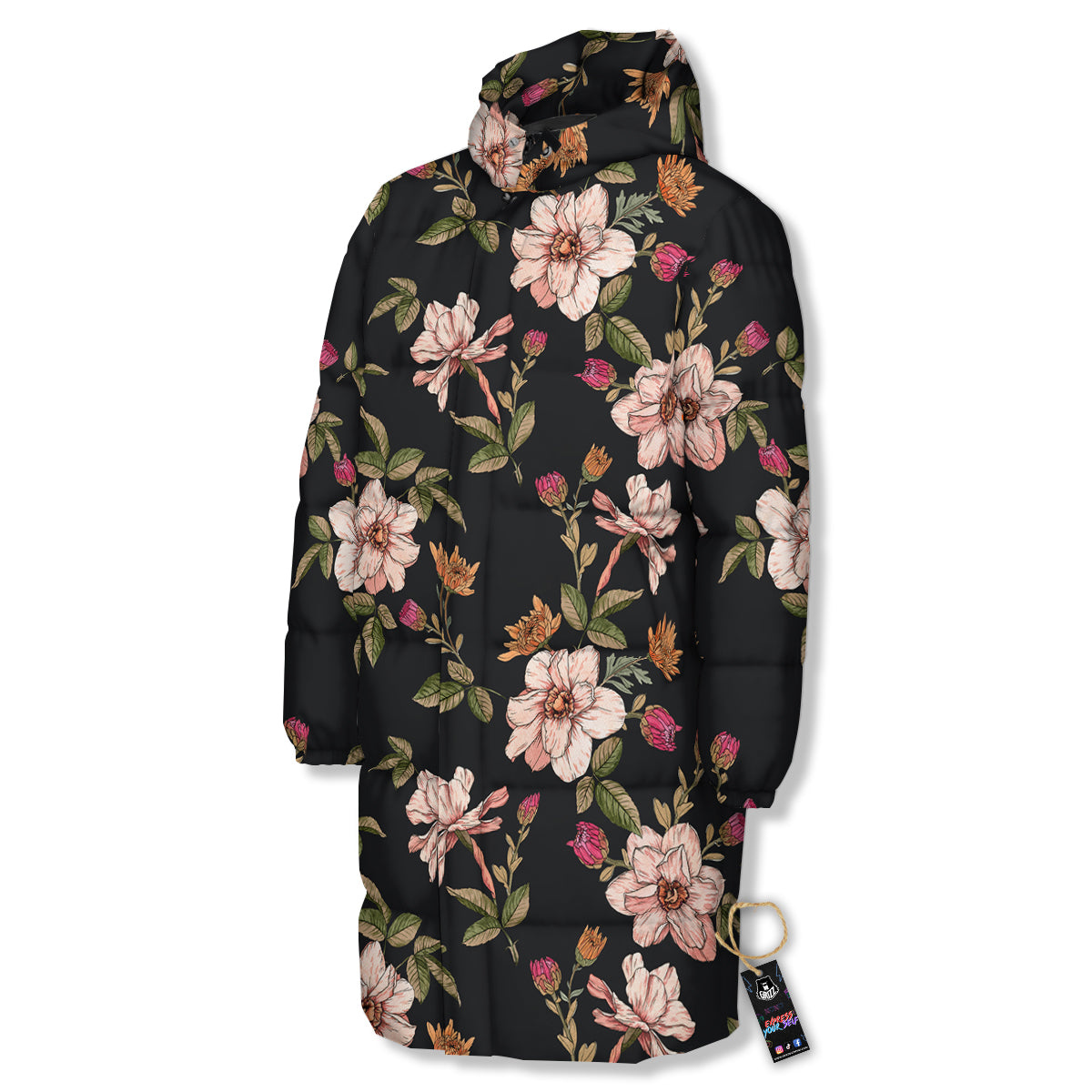 Chrysanthemum Watercolor Print Pattern Long Down Jacket-grizzshop