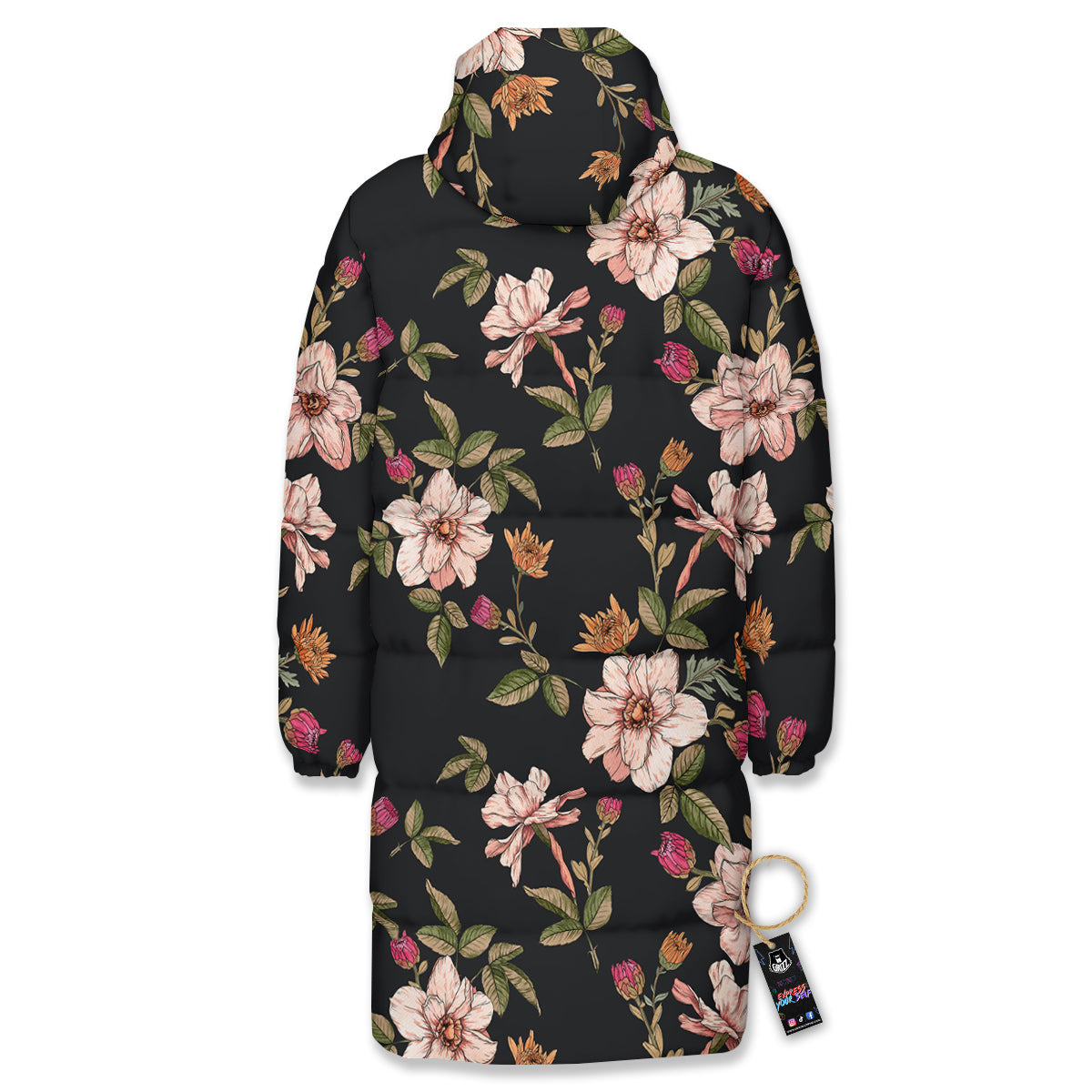 Chrysanthemum Watercolor Print Pattern Long Down Jacket-grizzshop