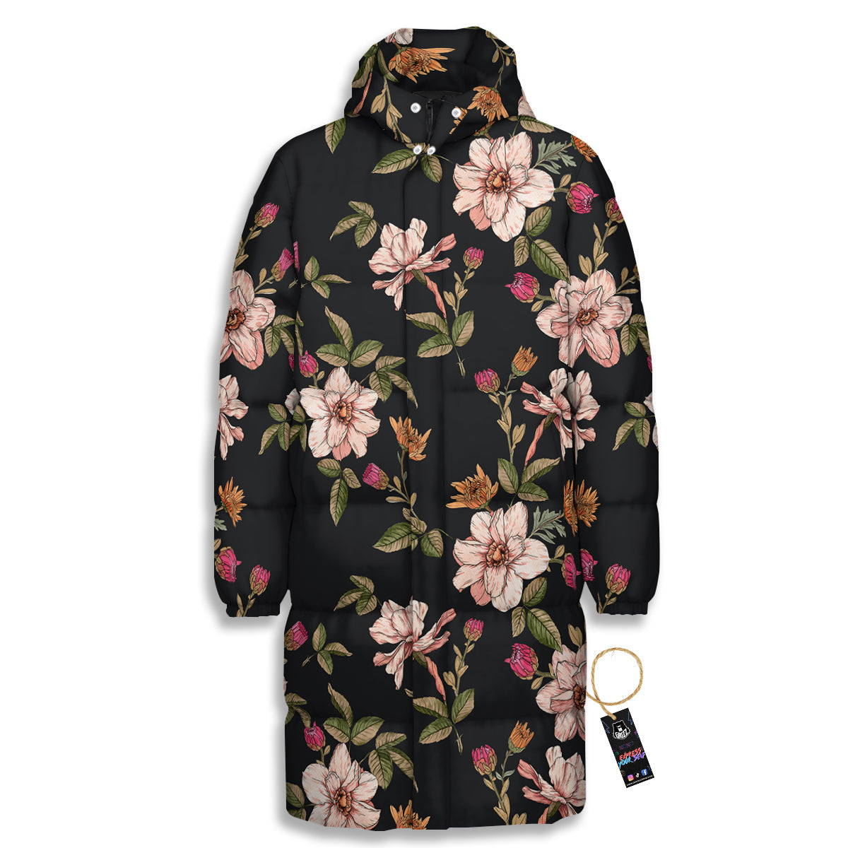 Chrysanthemum Watercolor Print Pattern Long Down Jacket-grizzshop