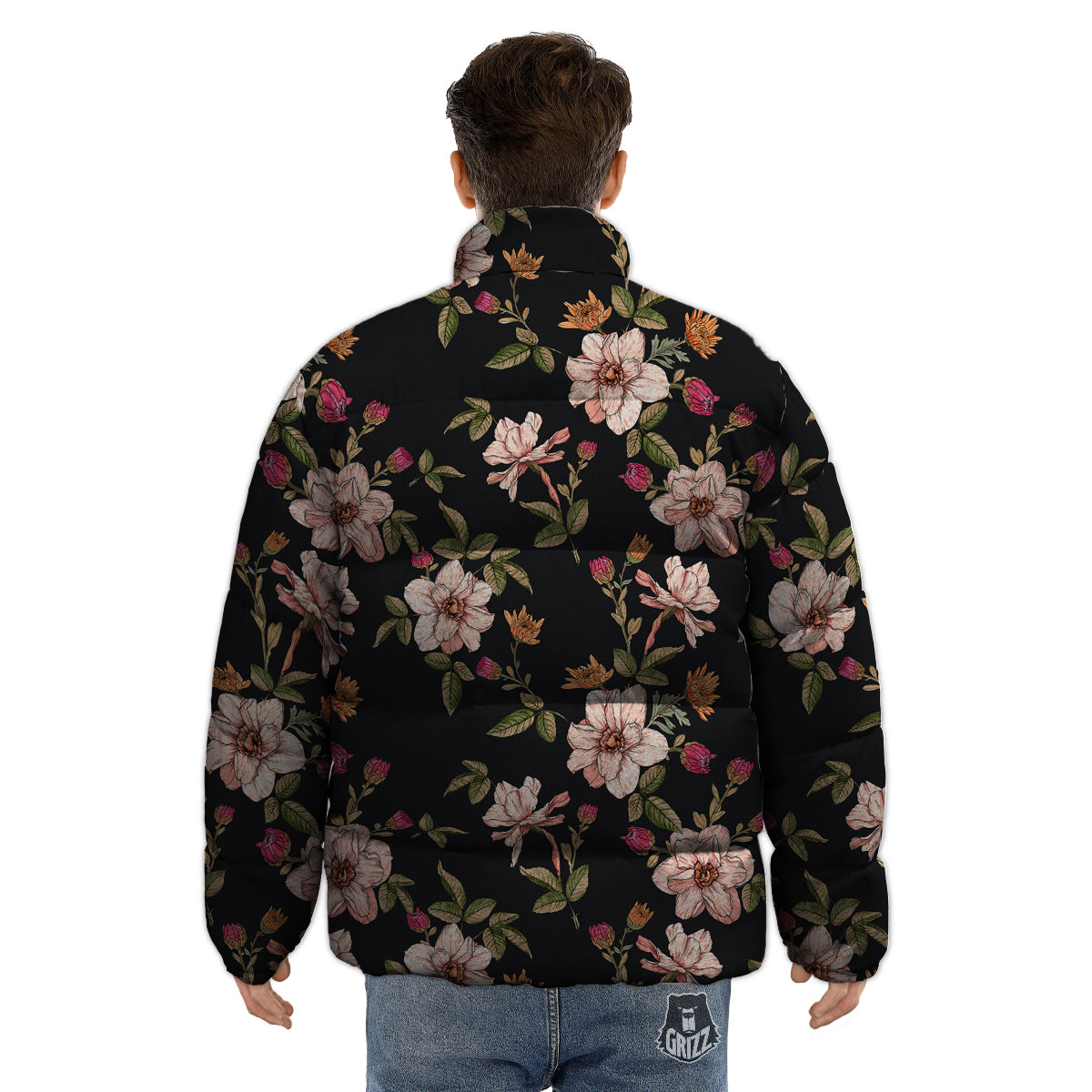 Chrysanthemum Watercolor Print Pattern Puffer Jacket-grizzshop