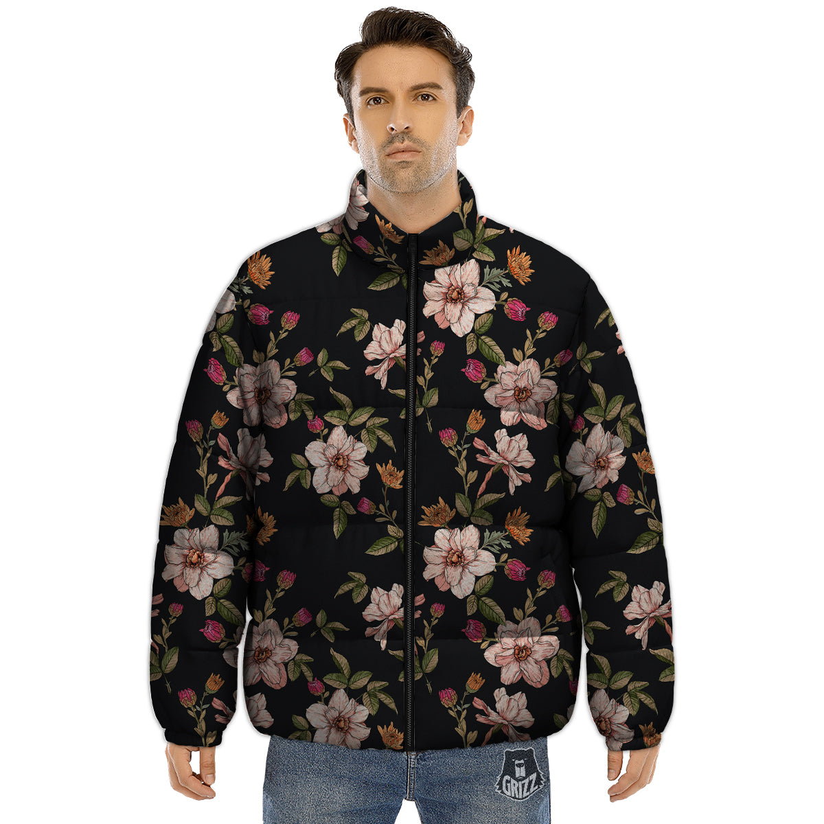 Chrysanthemum Watercolor Print Pattern Puffer Jacket-grizzshop