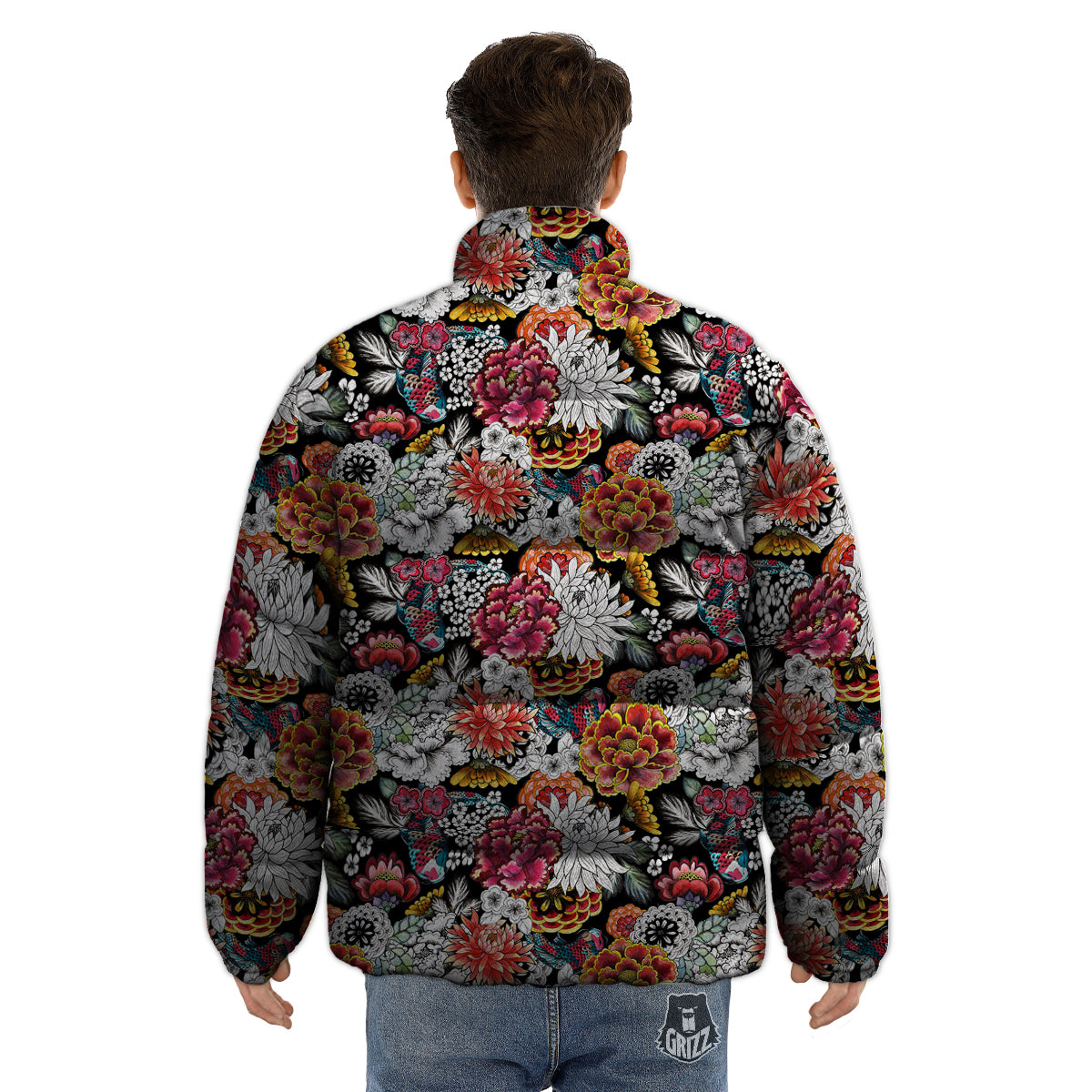 Chrysanthemum Watercolor Print Puffer Jacket-grizzshop