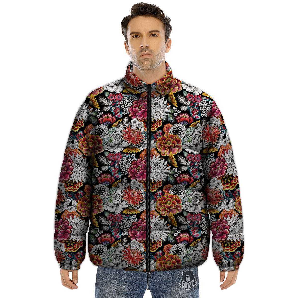Chrysanthemum Watercolor Print Puffer Jacket-grizzshop