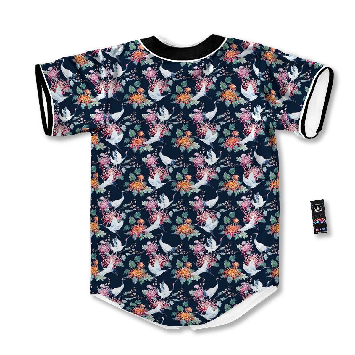 Chrysanthemums And Japanese Cranes Print Baseball Jersey-grizzshop