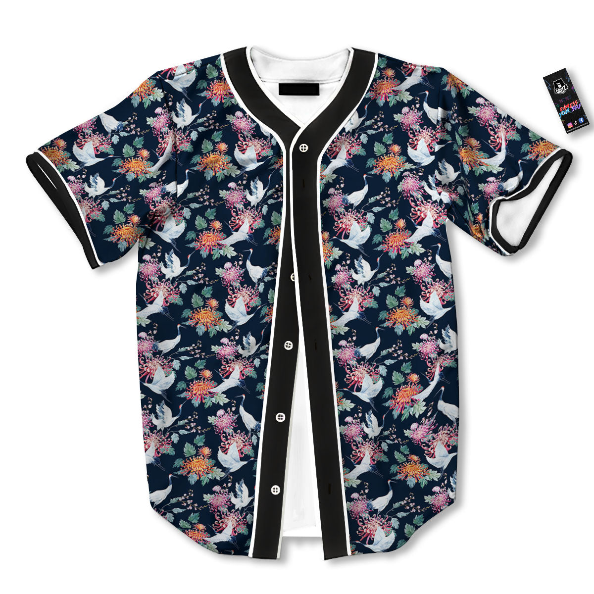 Chrysanthemums And Japanese Cranes Print Baseball Jersey-grizzshop
