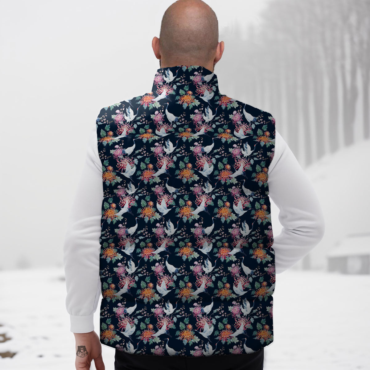 Chrysanthemums And Japanese Cranes Print Down Vest