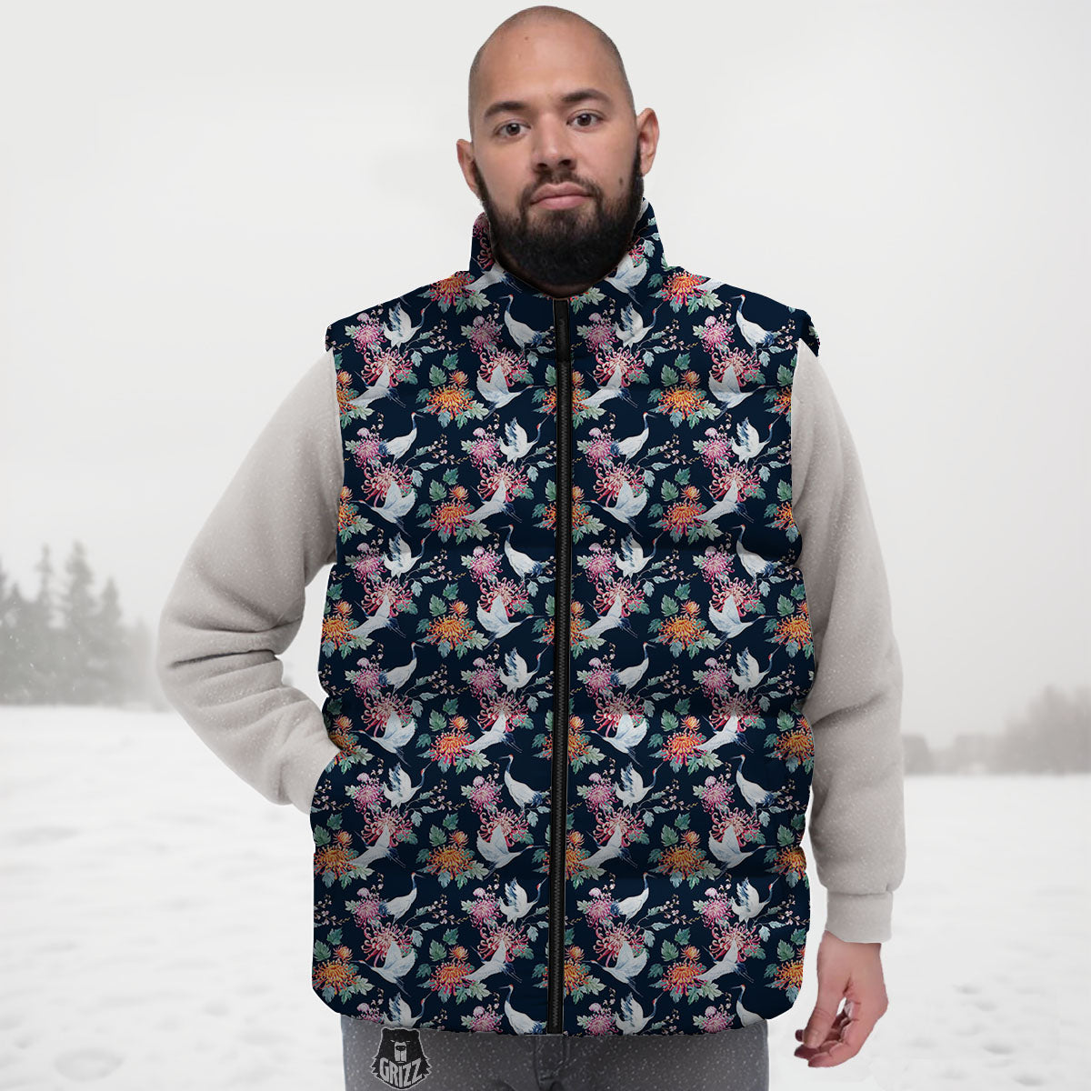 Chrysanthemums And Japanese Cranes Print Down Vest