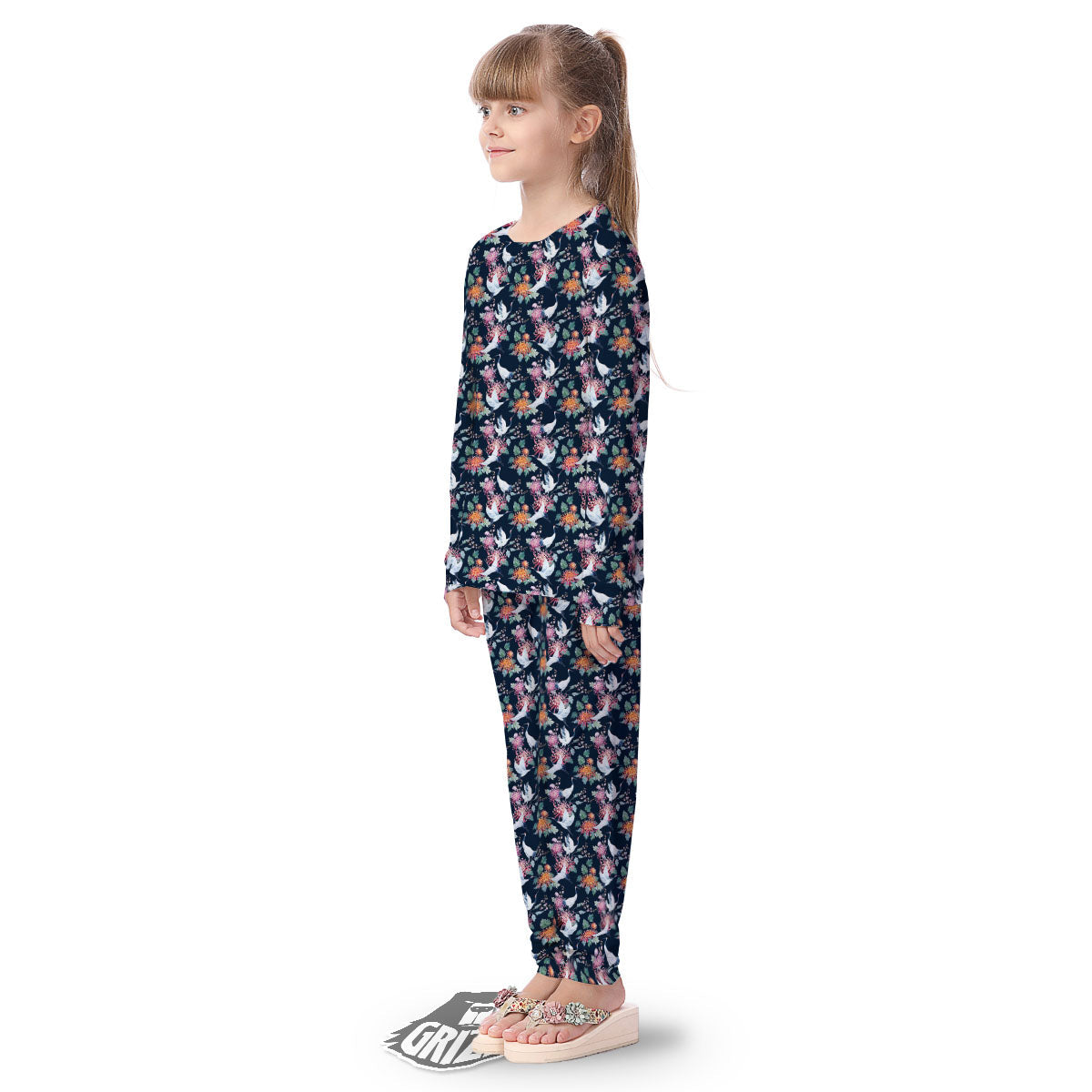Chrysanthemums And Japanese Cranes Print Kid's Pajamas-grizzshop