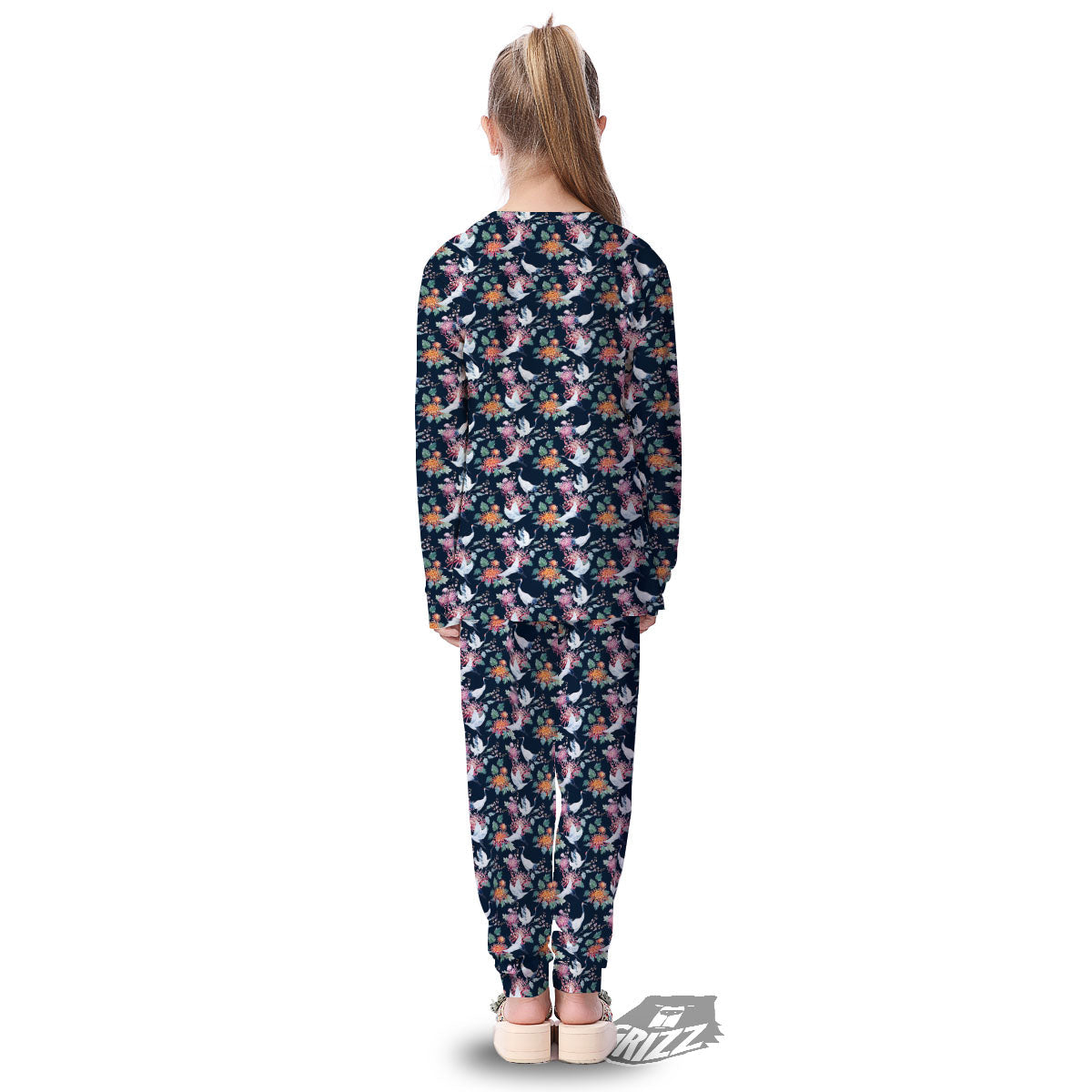 Chrysanthemums And Japanese Cranes Print Kid's Pajamas-grizzshop