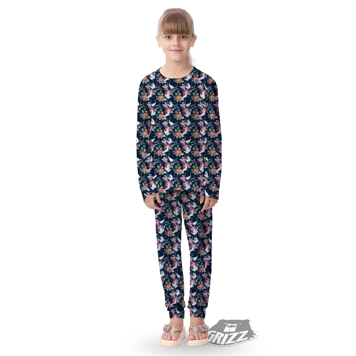 Chrysanthemums And Japanese Cranes Print Kid's Pajamas-grizzshop