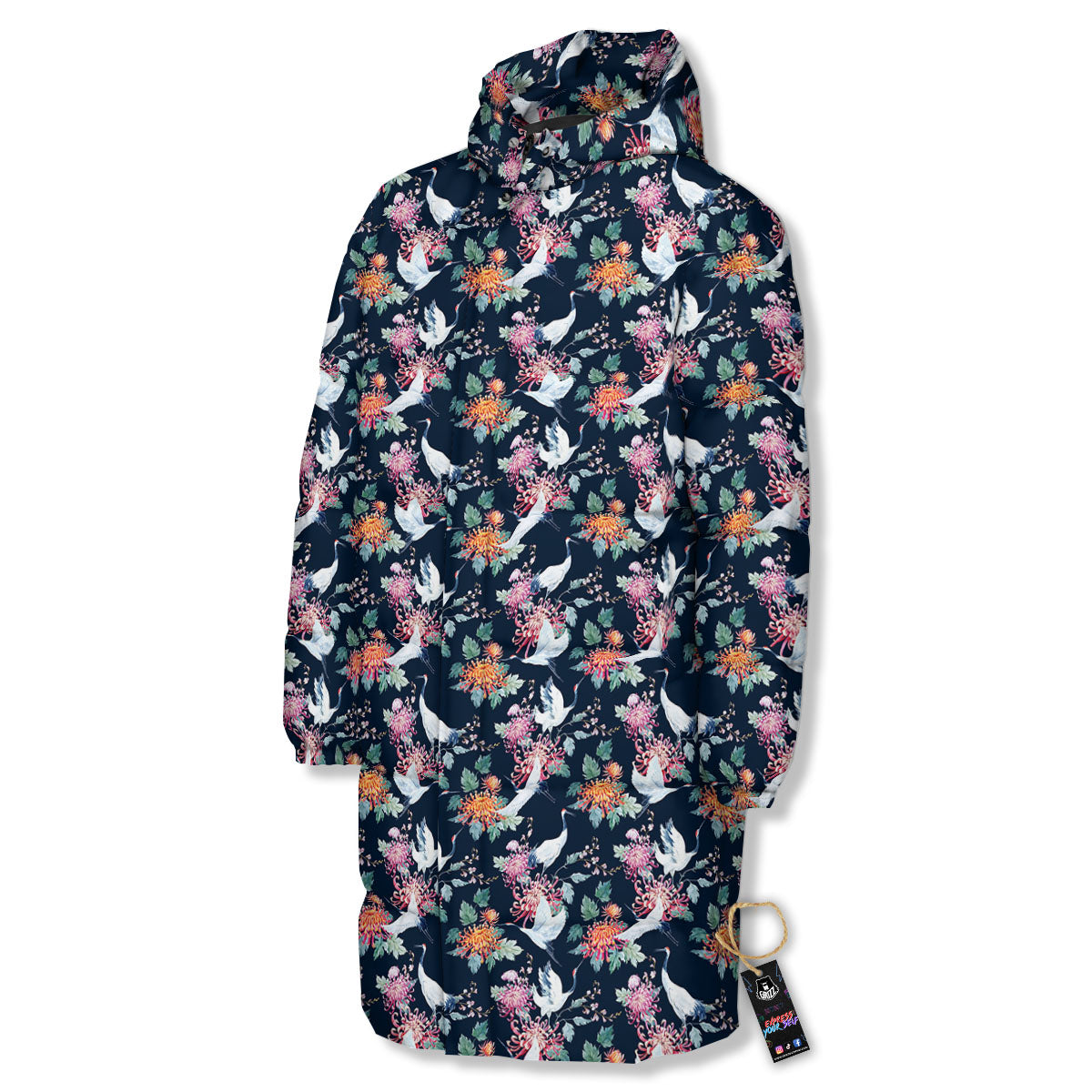 Chrysanthemums And Japanese Cranes Print Long Down Jacket-grizzshop