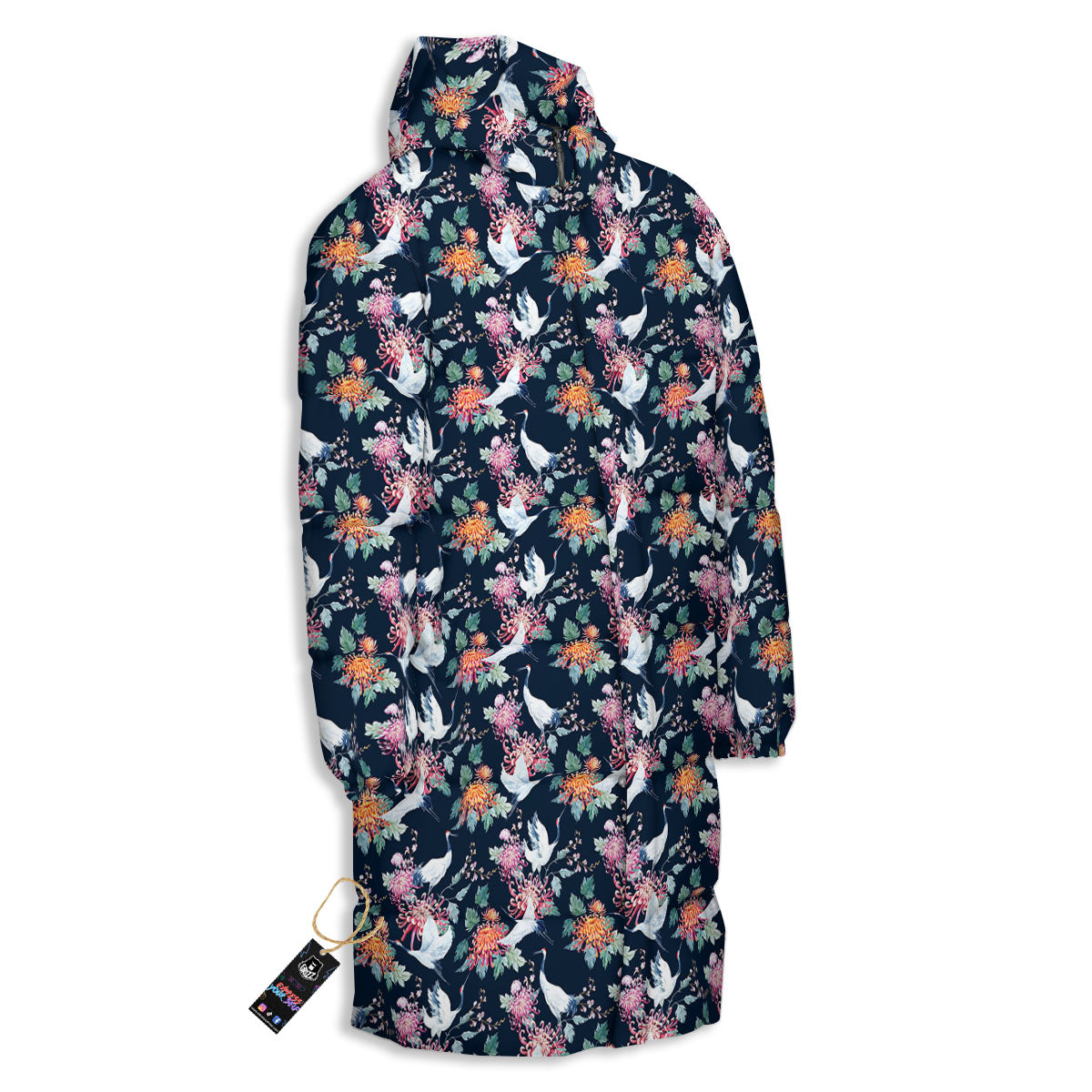 Chrysanthemums And Japanese Cranes Print Long Down Jacket-grizzshop