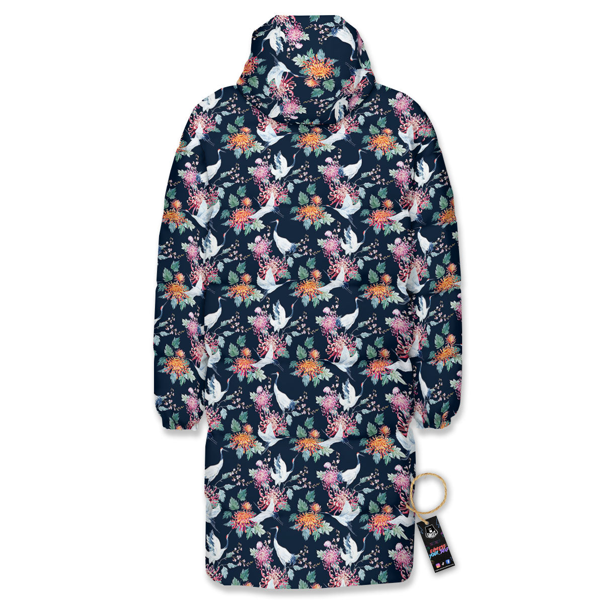 Chrysanthemums And Japanese Cranes Print Long Down Jacket-grizzshop