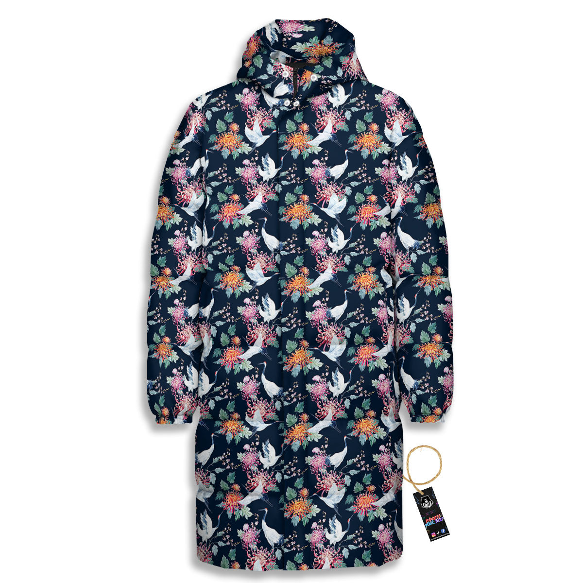 Chrysanthemums And Japanese Cranes Print Long Down Jacket-grizzshop