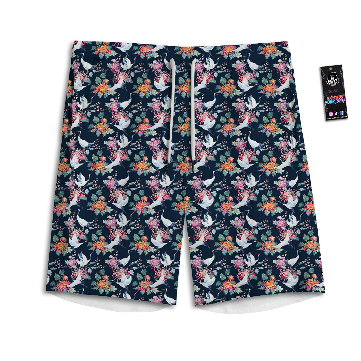 Chrysanthemums And Japanese Cranes Print Men's Athletic Shorts