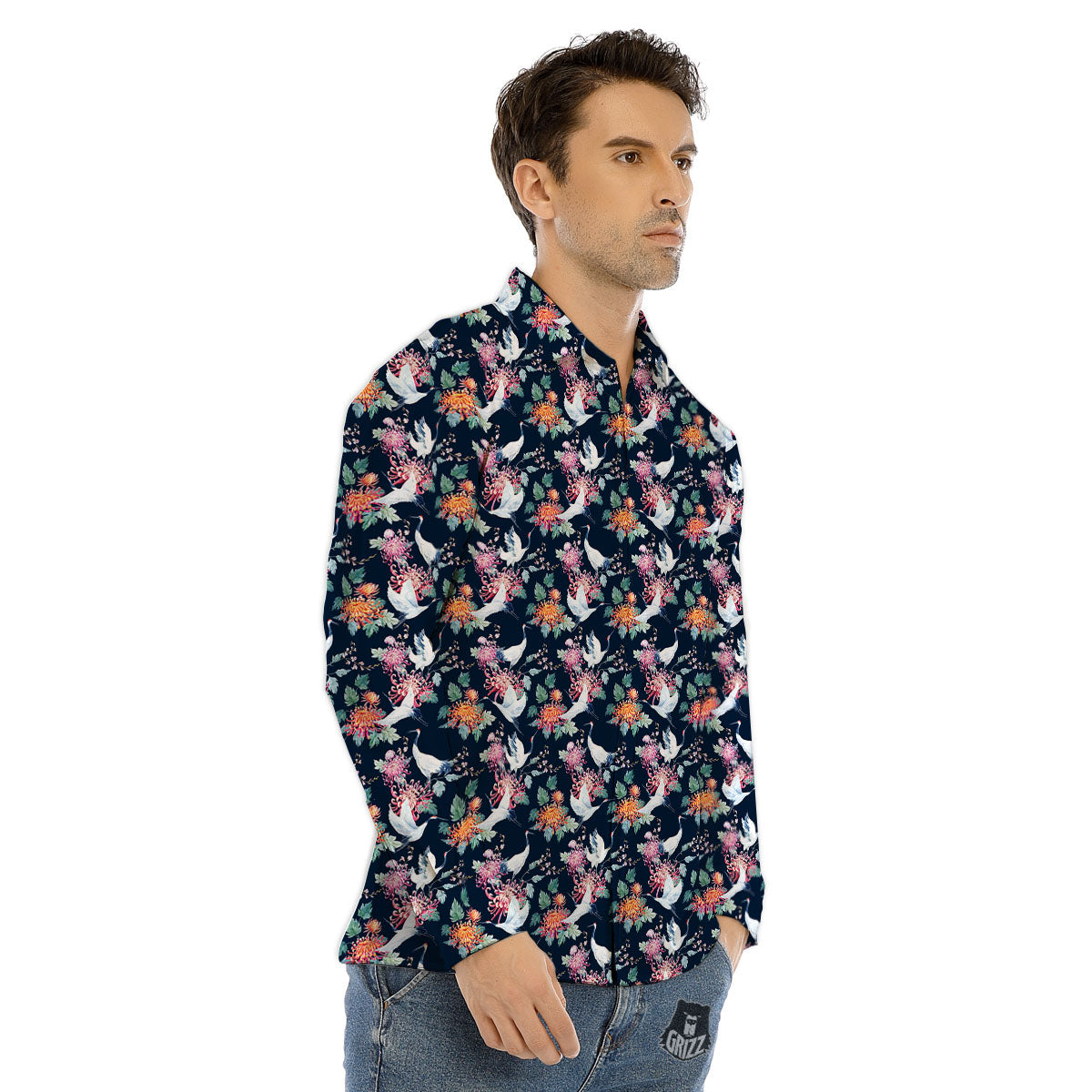 Chrysanthemums And Japanese Cranes Print Men's Dress Shirts-grizzshop