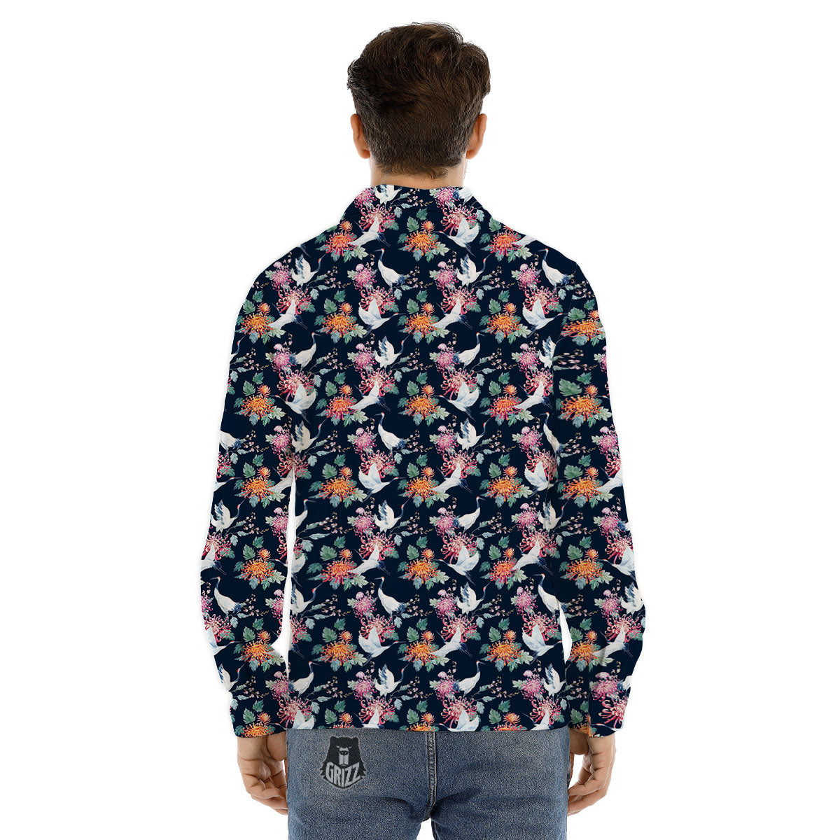Chrysanthemums And Japanese Cranes Print Men's Dress Shirts-grizzshop