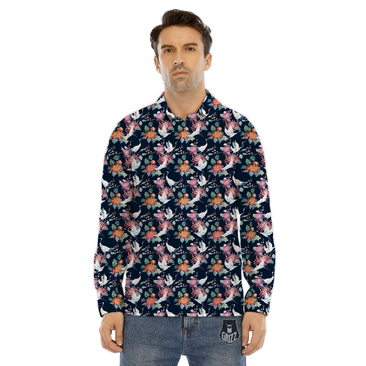 Chrysanthemums And Japanese Cranes Print Men's Dress Shirts-grizzshop