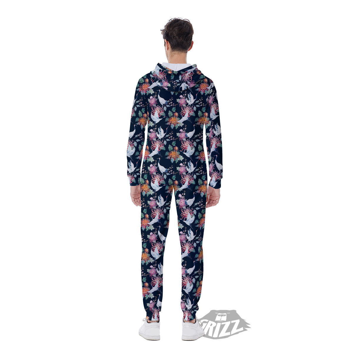 Chrysanthemums And Japanese Cranes Print Men's Jumpsuit-grizzshop