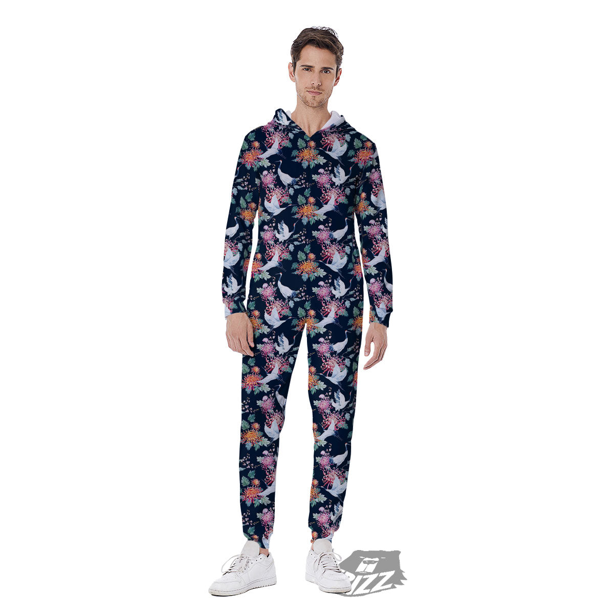 Chrysanthemums And Japanese Cranes Print Men's Jumpsuit-grizzshop