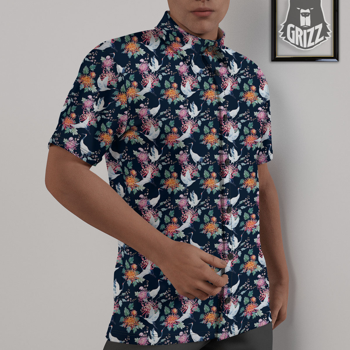 Chrysanthemums And Japanese Cranes Print Untucked Shirts-grizzshop
