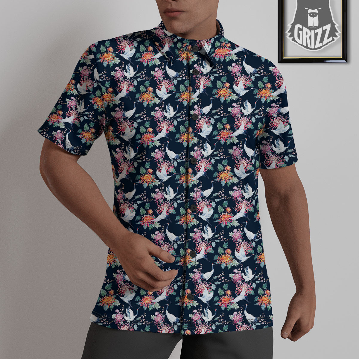 Chrysanthemums And Japanese Cranes Print Untucked Shirts-grizzshop