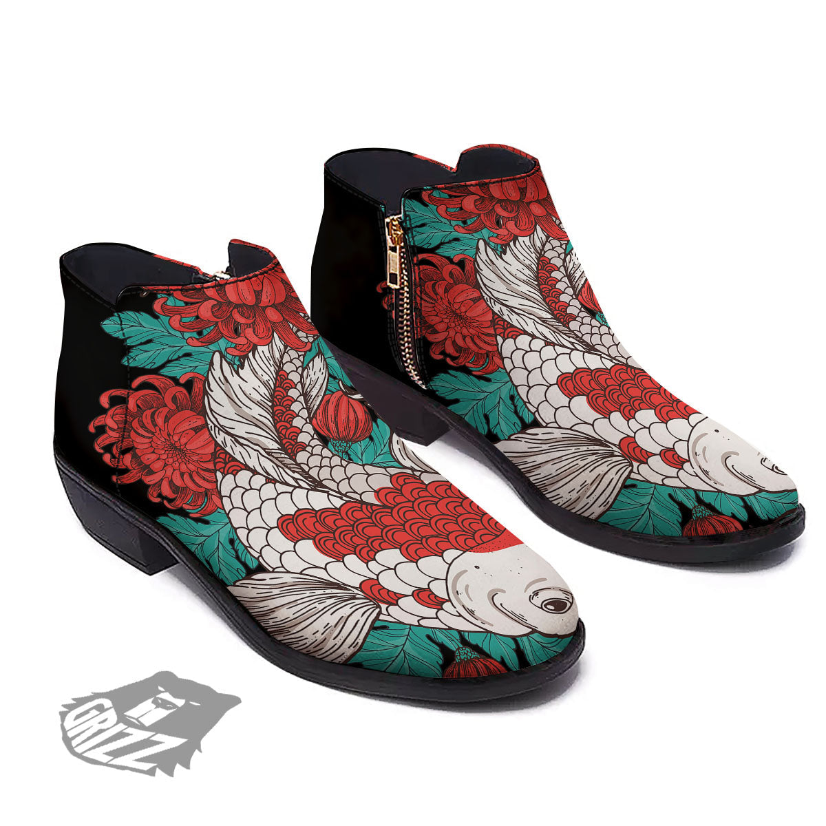 Chrysanthemums And Japanese Koi Print Ankle Boots-grizzshop