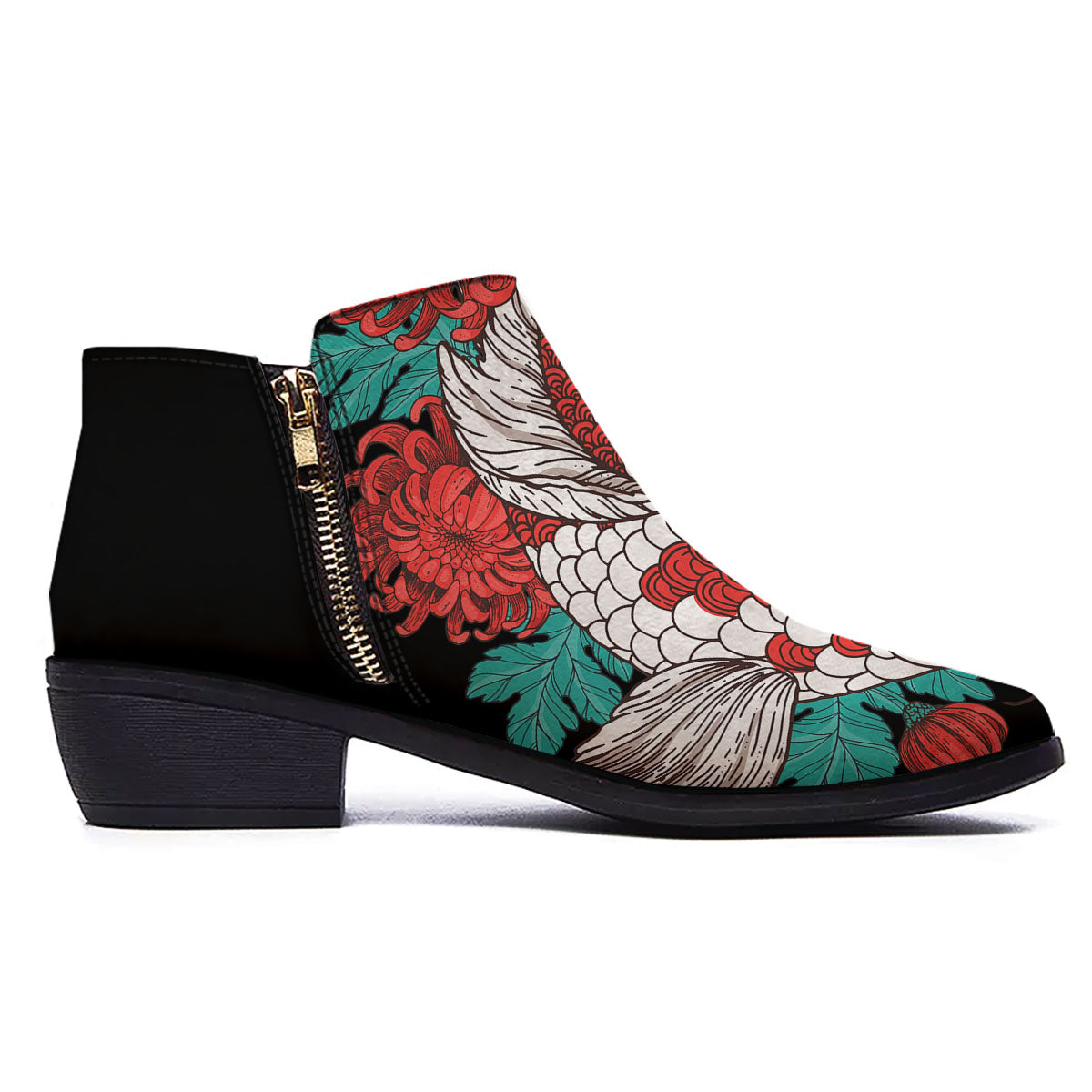 Chrysanthemums And Japanese Koi Print Ankle Boots-grizzshop