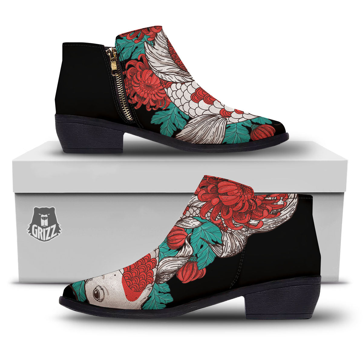 Chrysanthemums And Japanese Koi Print Ankle Boots-grizzshop