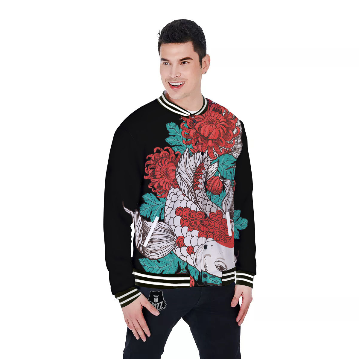 Chrysanthemums And Japanese Koi Print Baseball Jacket-grizzshop