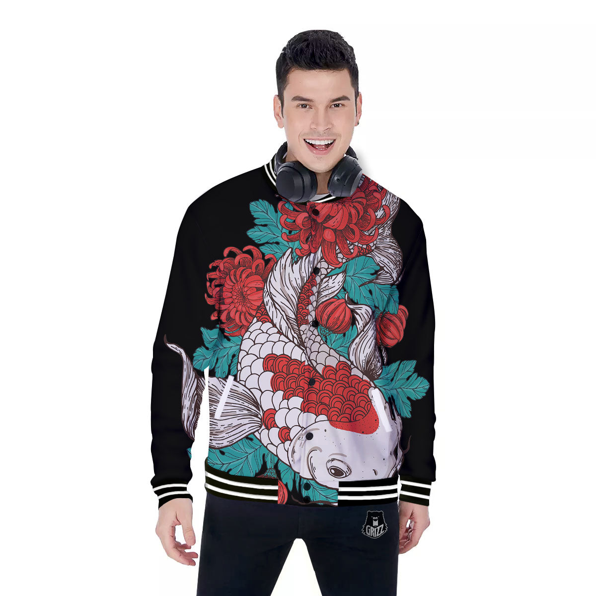 Chrysanthemums And Japanese Koi Print Baseball Jacket-grizzshop