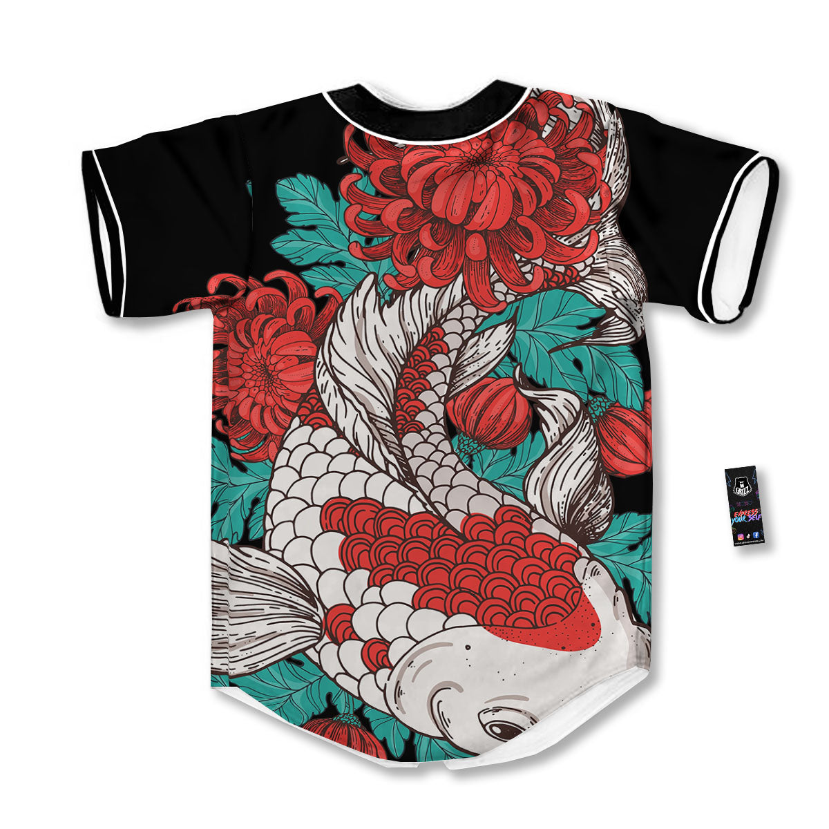 Chrysanthemums And Japanese Koi Print Baseball Jersey-grizzshop