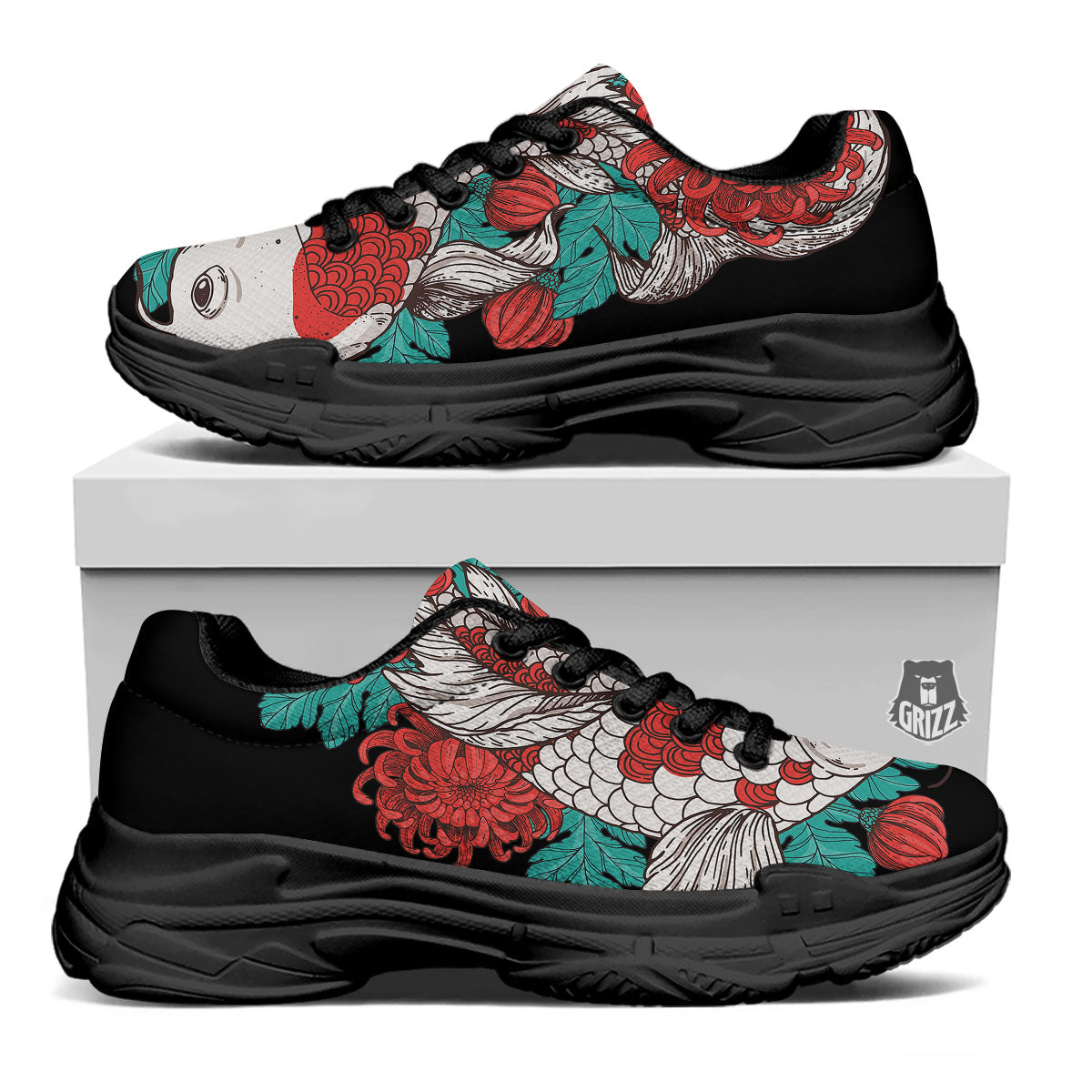 Chrysanthemums And Japanese Koi Print Black Chunky Shoes-grizzshop