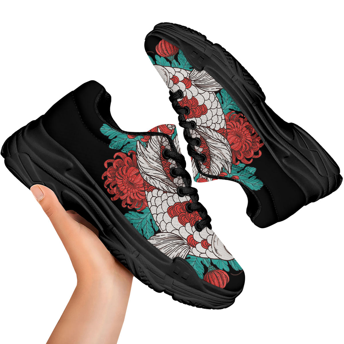 Chrysanthemums And Japanese Koi Print Black Chunky Shoes-grizzshop