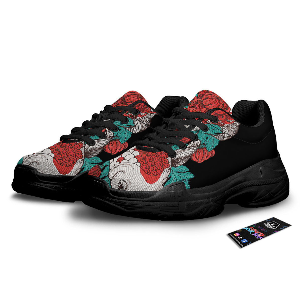 Chrysanthemums And Japanese Koi Print Black Chunky Shoes-grizzshop
