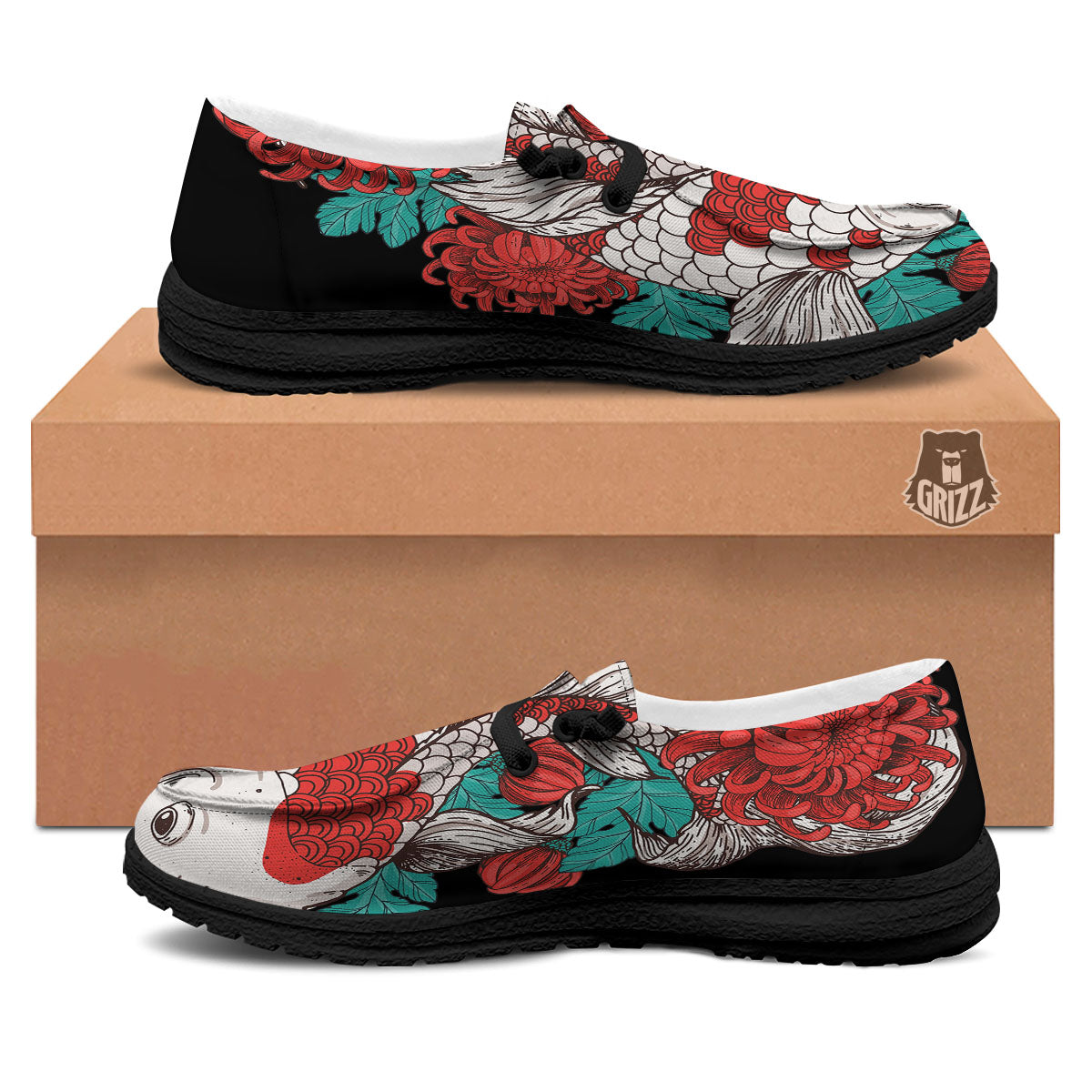Chrysanthemums And Japanese Koi Print Black Loafers-grizzshop