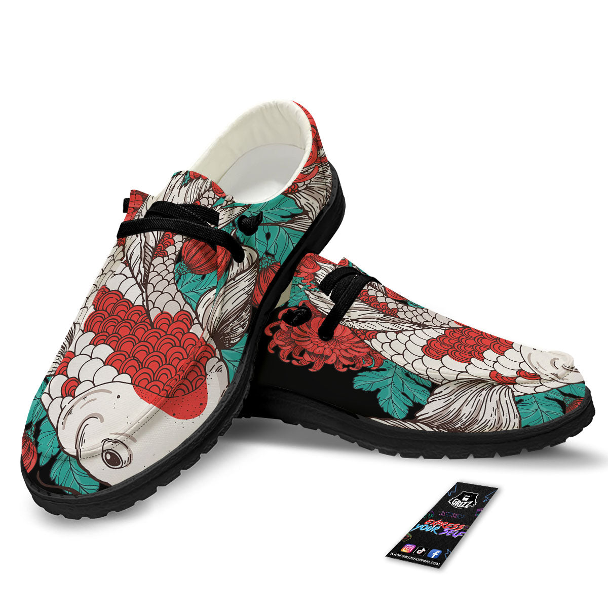 Chrysanthemums And Japanese Koi Print Black Loafers-grizzshop
