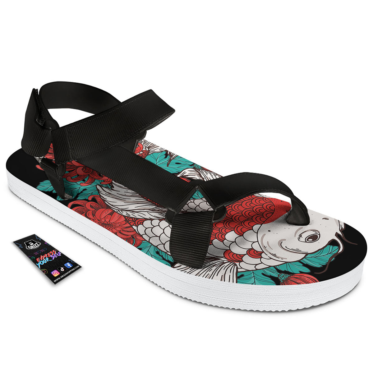 Chrysanthemums And Japanese Koi Print Black Open Toe Sandals-grizzshop