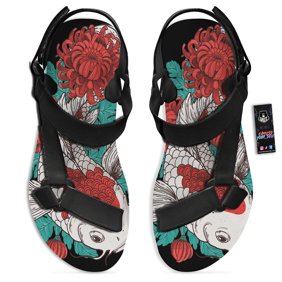 Chrysanthemums And Japanese Koi Print Black Open Toe Sandals-grizzshop