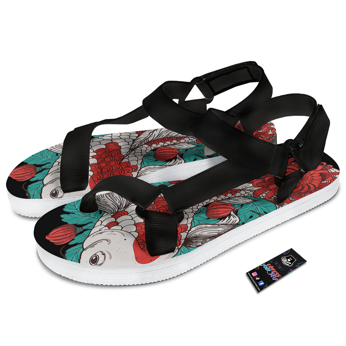 Chrysanthemums And Japanese Koi Print Black Open Toe Sandals-grizzshop