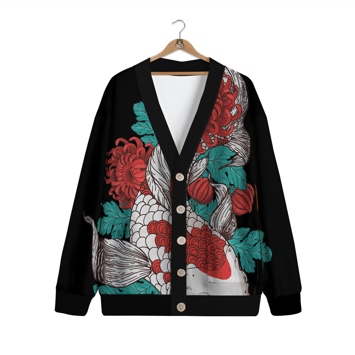 Chrysanthemums And Japanese Koi Print Cardigan-grizzshop