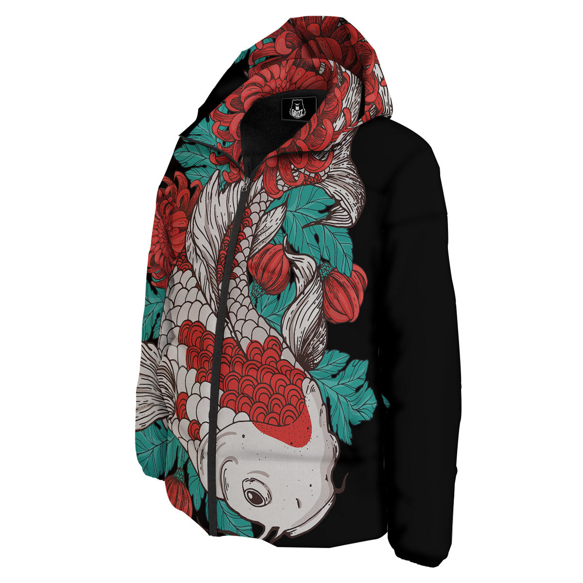 Chrysanthemums And Japanese Koi Print Down Jacket-grizzshop